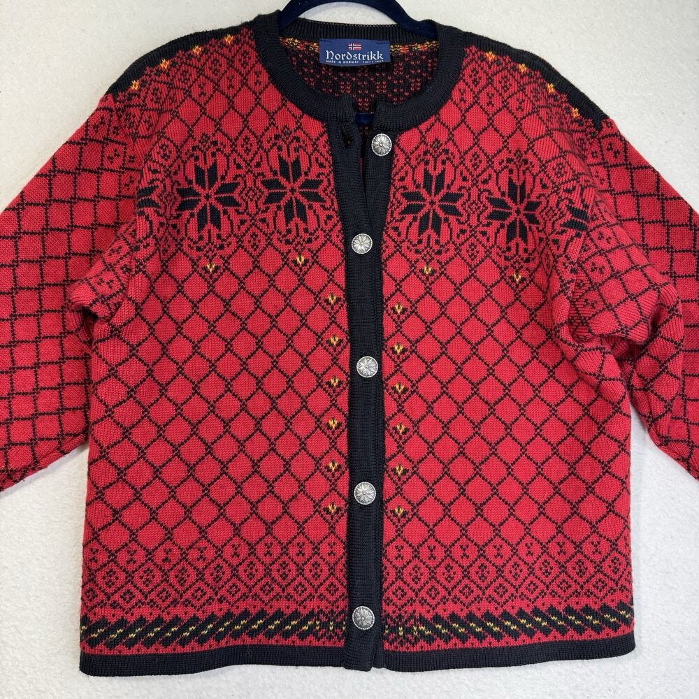 Nordstrikk Norwegian Wool Cardigan Sweater Geometric Fair Isle Pewter Button VTG